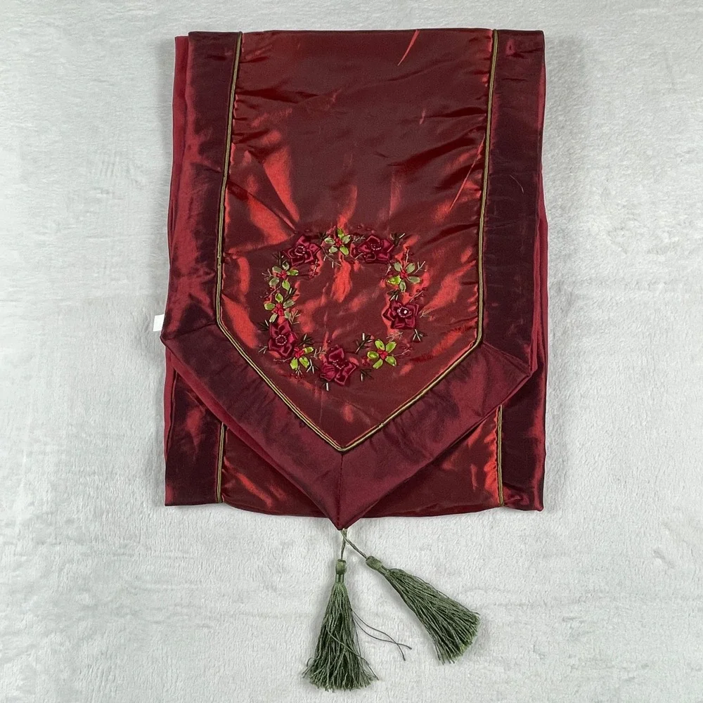 Burgundy Floral Embroidered Faux Silk Table Runner with Tassels 70 Inch Red